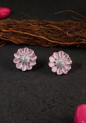 Pink And Silver Plated Classic Floral Studs Earrings