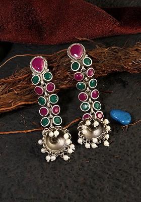Silver Plated Pink And Green Stone Studded Classic Jhumkas Earrings
