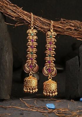 24 CT Gold Plated Green And Pink Stone Studded Classic Jhumkas Earrings