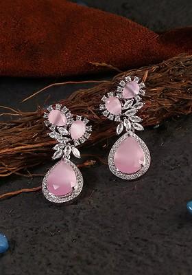 Silver Plated Pink And White American Diamond Stone Drop Earrings