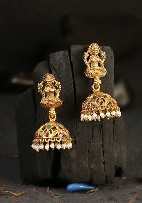24 CT Gold Plated And Pink Antique Temple Stone Studded Jhumkas Earrings