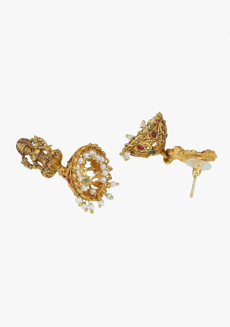 24 CT Gold Plated And Pink Antique Temple Stone Studded Jhumkas Earrings