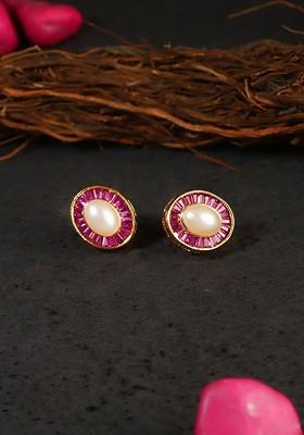 Gold Plated And Pink Pearl And Gems Studs Earrings