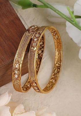 Set of 2 Gold Plated Toned Kundan Studded Bangles