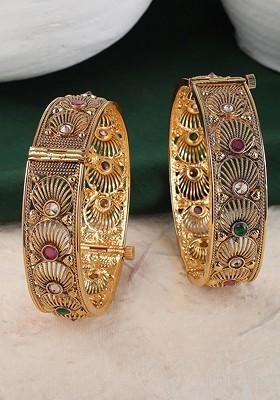 Set of 2 24K  Gold Plated Ruby Stone Studded Filigree Bangles
