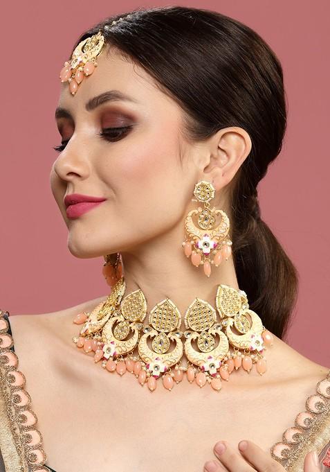 Gold Plated Kundan Meenakari Choker Jewellery Set With Mang Tikka