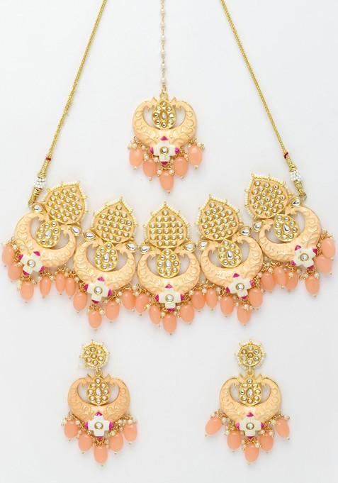 Gold Plated Kundan Meenakari Choker Jewellery Set With Mang Tikka