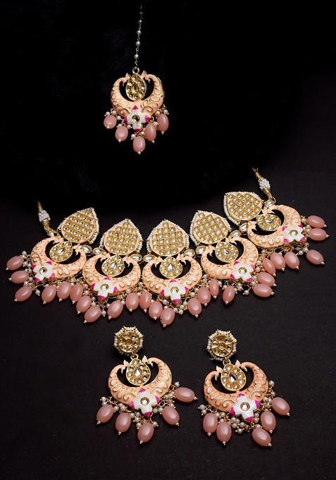 Gold Plated Kundan Meenakari Choker Jewellery Set With Mang Tikka
