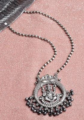 Silver Toned German Silver Oxidised Temple Necklace