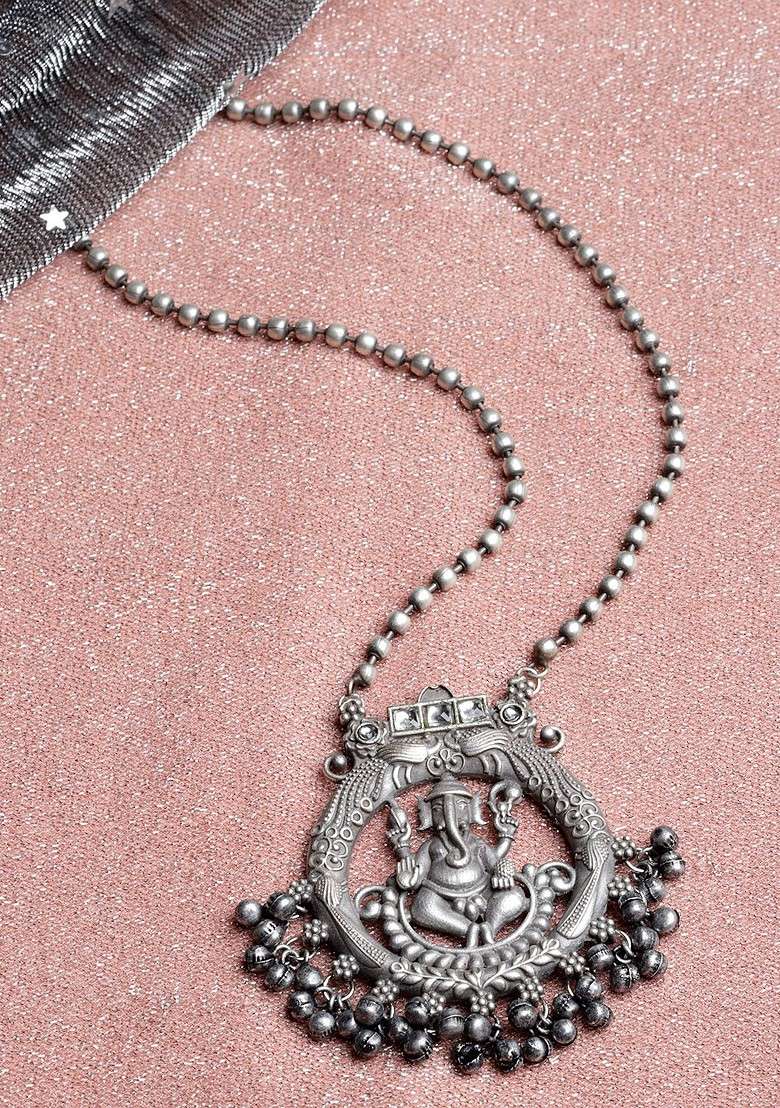 Silver Toned German Silver Oxidised Temple Necklace - Indya