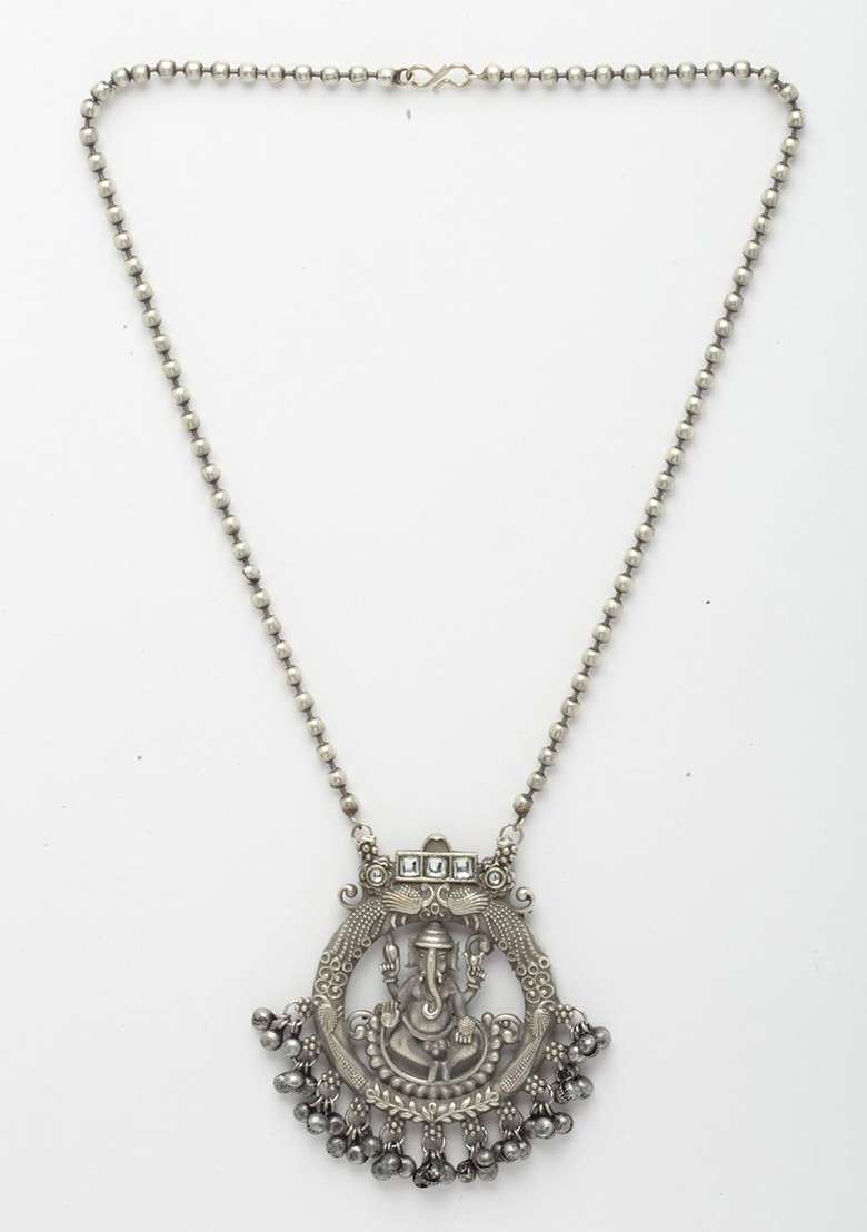 Silver Toned German Silver Oxidised Temple Necklace - Indya