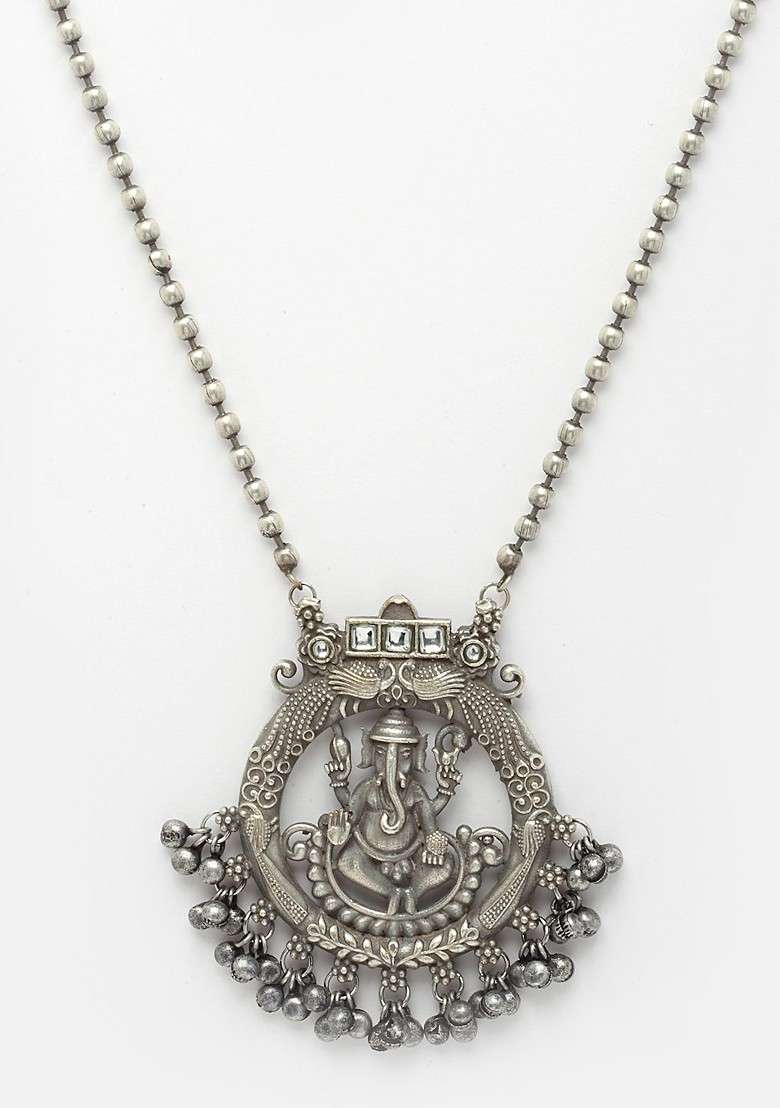 Silver Toned German Silver Oxidised Temple Necklace - Indya