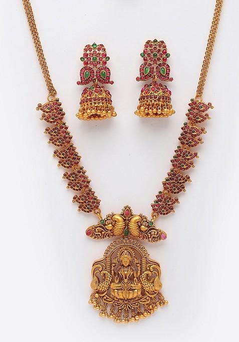 NVR Women's Set Of 2 Green & Red Stone Studded & Beaded Gold-Polished Temple Jewellery Set