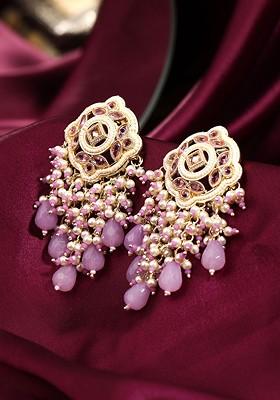Women Pink Gold Plated Beaded Enamelled Drop Earrings