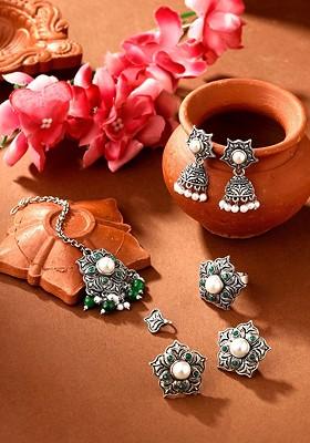 German Silver Oxidised Beaded Jewellery Set