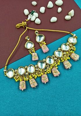 Gold Plated Gold Toned Kundan Studded Necklace Set