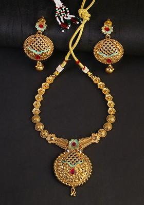 24 CT Gold Plated Pink And Green Stone Studded Jewellery Set
