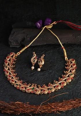 24 CT Gold Plated White And Green Stone Studded Pearl Bead Jewellery Set