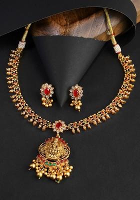 Gold Plated Red And Green Stone Studded And Bead Antique Jewellery Set