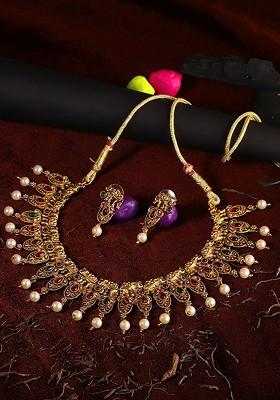 24 CT Gold Plated White And Green Stone Studded And Bead Temple Jewellery Set