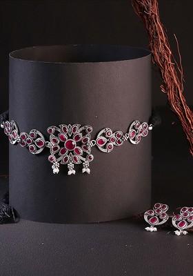 Silver Plated And Pink Stones Studded Handcrafted jewellery Set