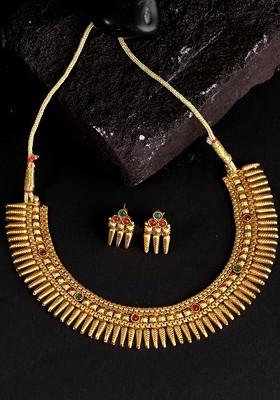 24 CT Gold Plated Pink And Green Stone Studded Jewellery Set