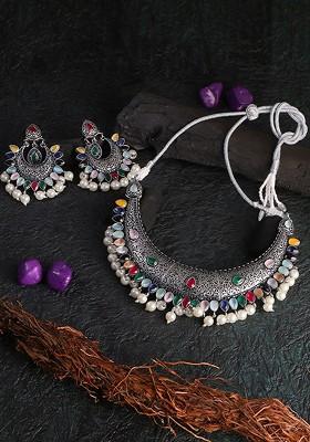 Silver Plated Red And Green Stone Studded And Bead Jewellery Set