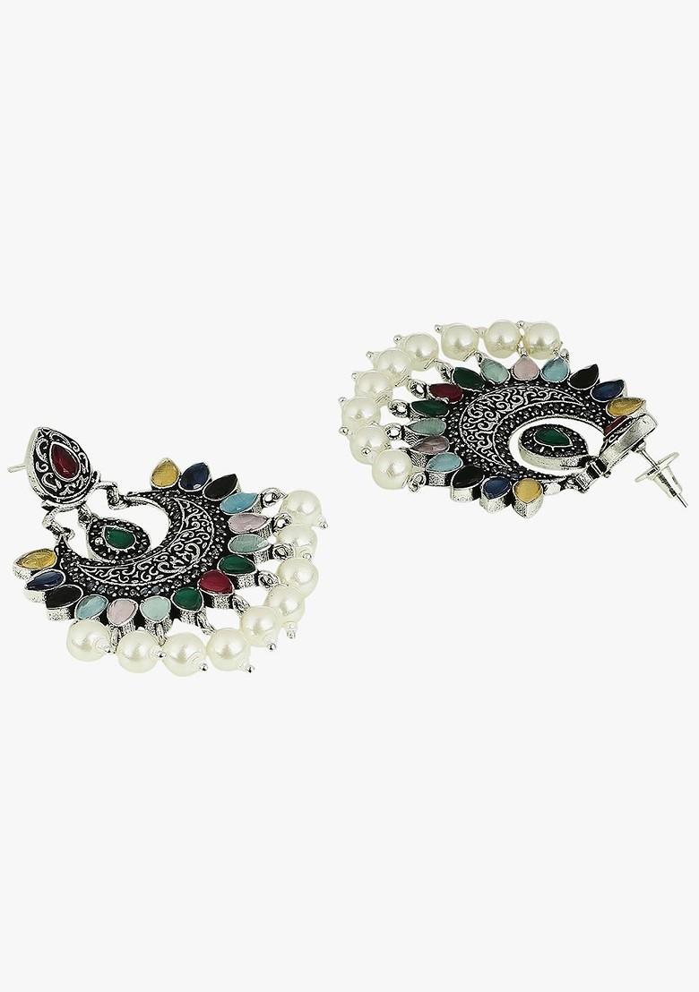 Silver Plated Red And Green Stone Studded And Bead Jewellery Set