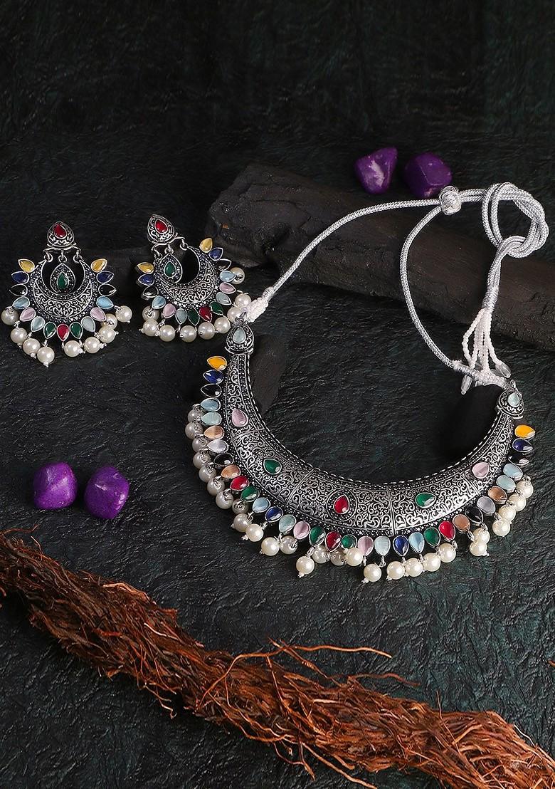 Silver Plated Red And Green Stone Studded And Bead Jewellery Set