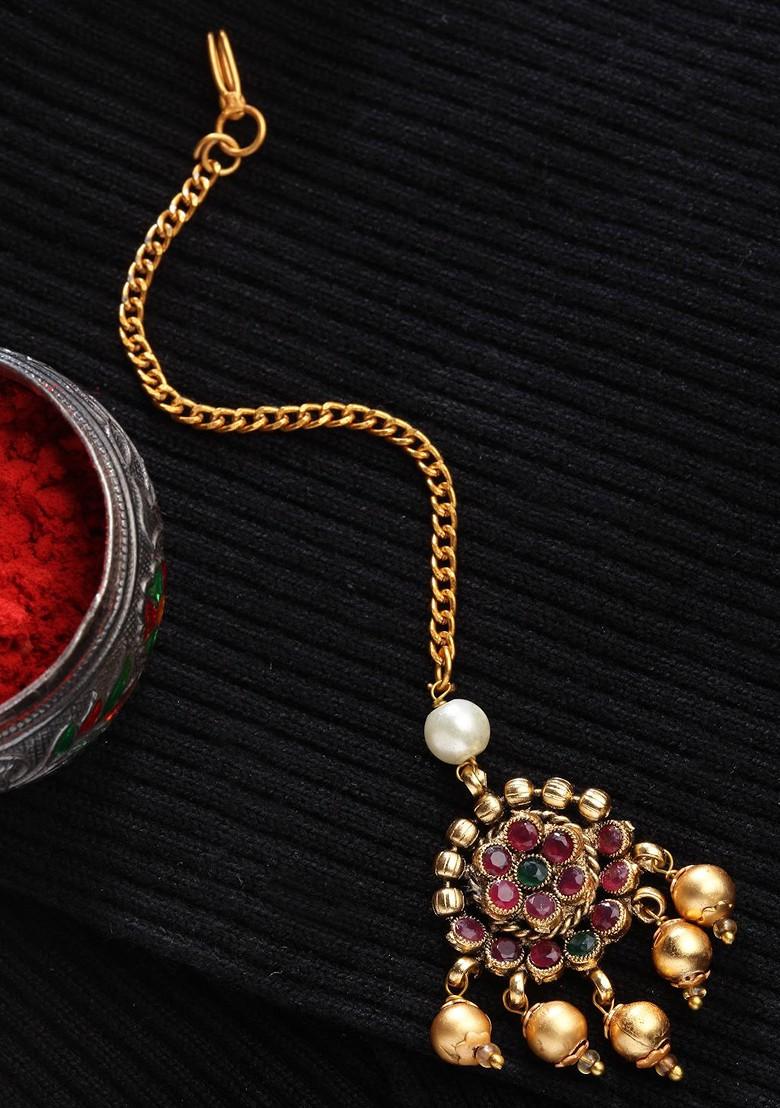 Gold Plated White And Green Stone Studded And Pearl Beaded Maang Tikka
