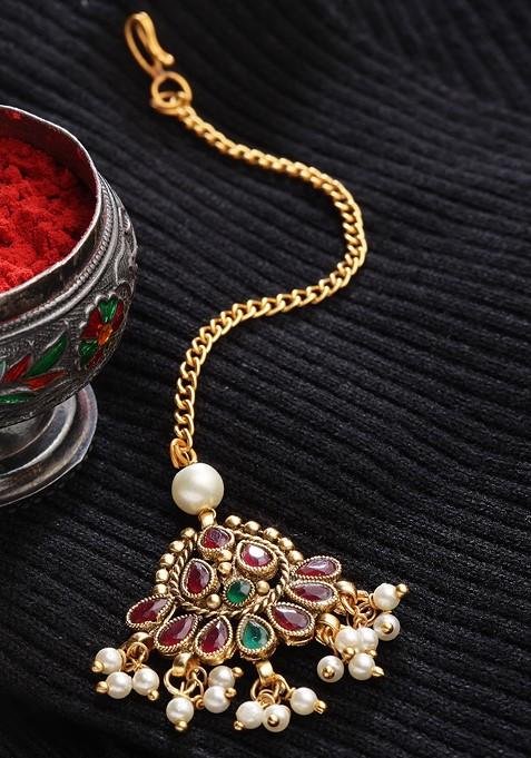 Women Gold Plated White And Red Kundan Studded And Pearl Beaded Maang Tikka