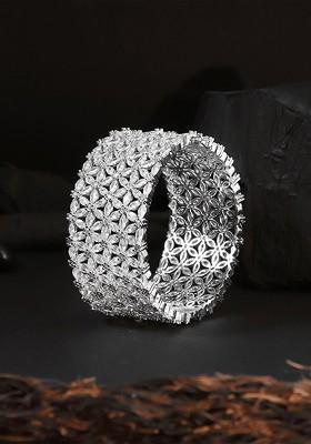 Women Silver Toned And White Crystals Bangle Style Bracelet