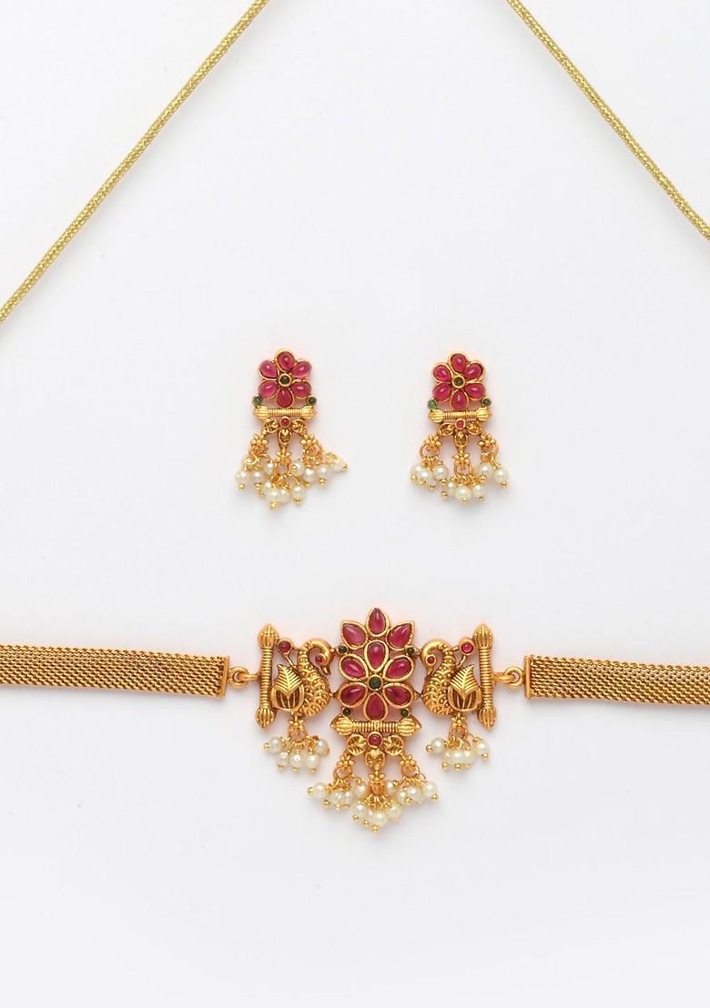 Gold Plated Pink Stone Studded Peacock Shaped Jewellery Set - Indya
