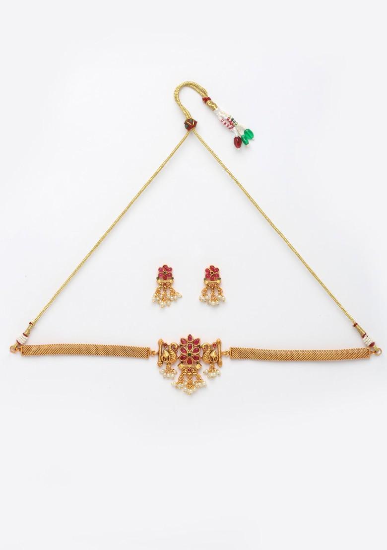 Gold Plated Pink Stone Studded Peacock Shaped Jewellery Set - Indya