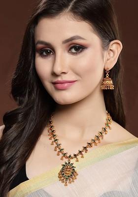 Gold Plated And Green Reversible Ruby Stone Temple Jewellery Set