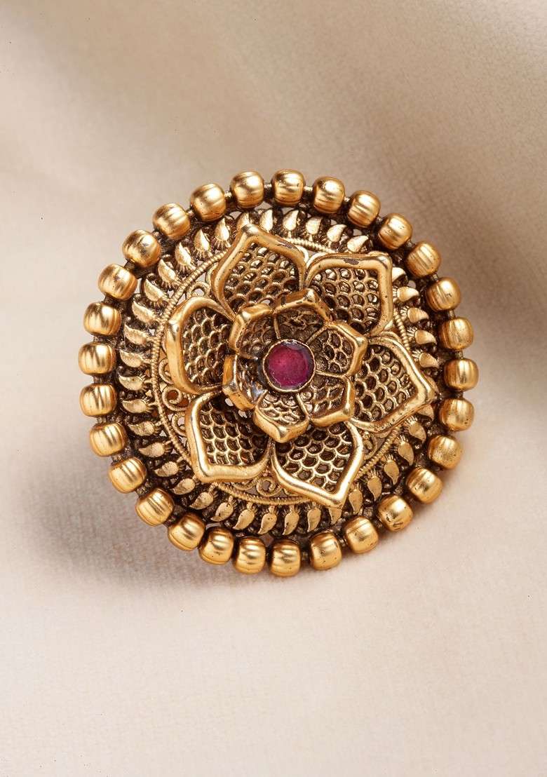 Gold Plated Purple Stone Studded Handcrafted Floral Finger Ring - Indya