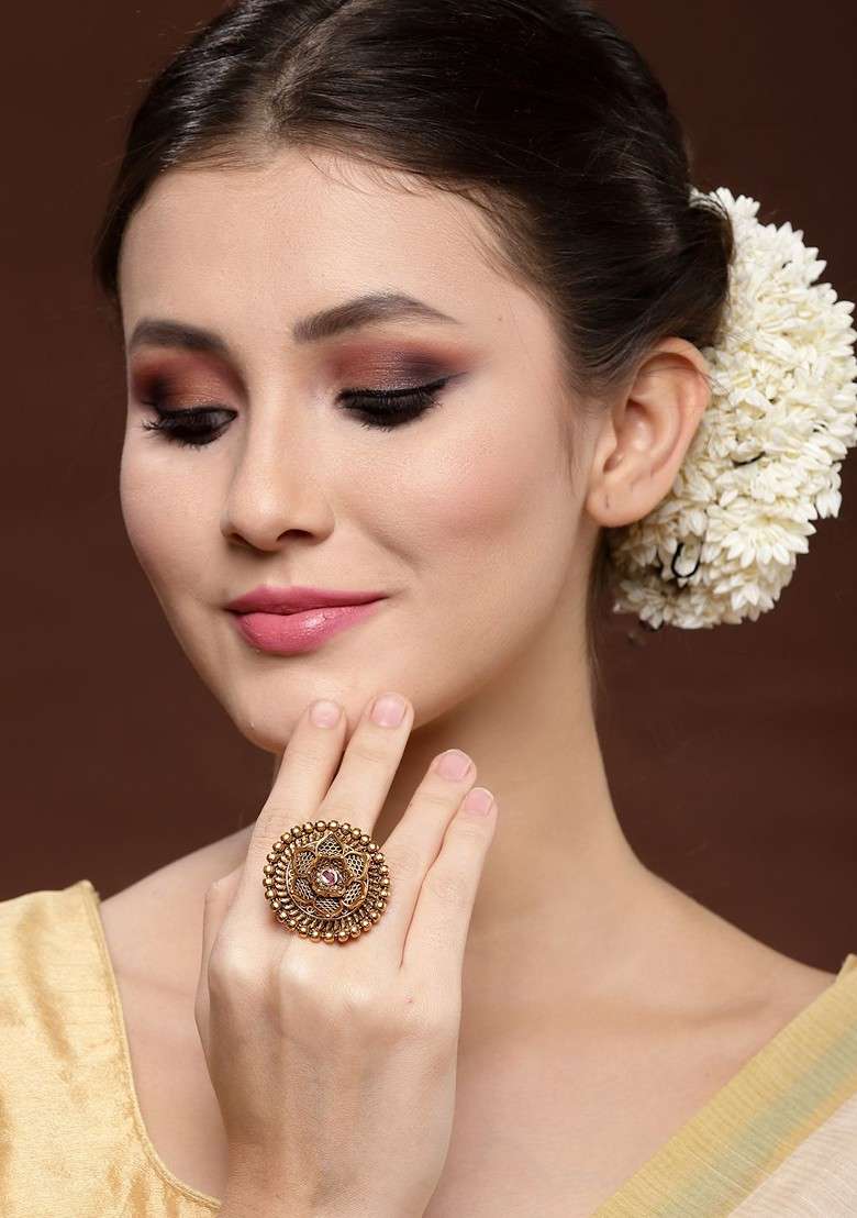 Gold Plated Purple Stone Studded Handcrafted Floral Finger Ring - Indya