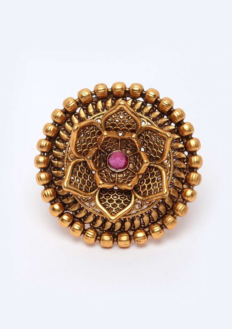 Gold Plated Purple Stone Studded Handcrafted Floral Finger Ring - Indya