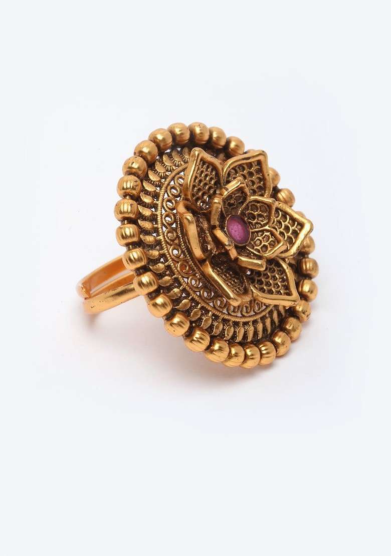 Gold Plated Purple Stone Studded Handcrafted Floral Finger Ring - Indya