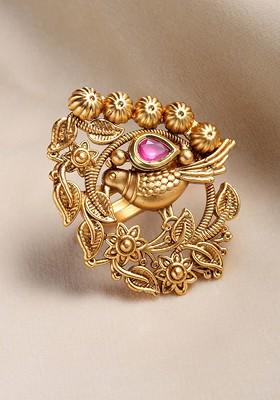 Gold Plated Pink Stone Studded Finger Ring
