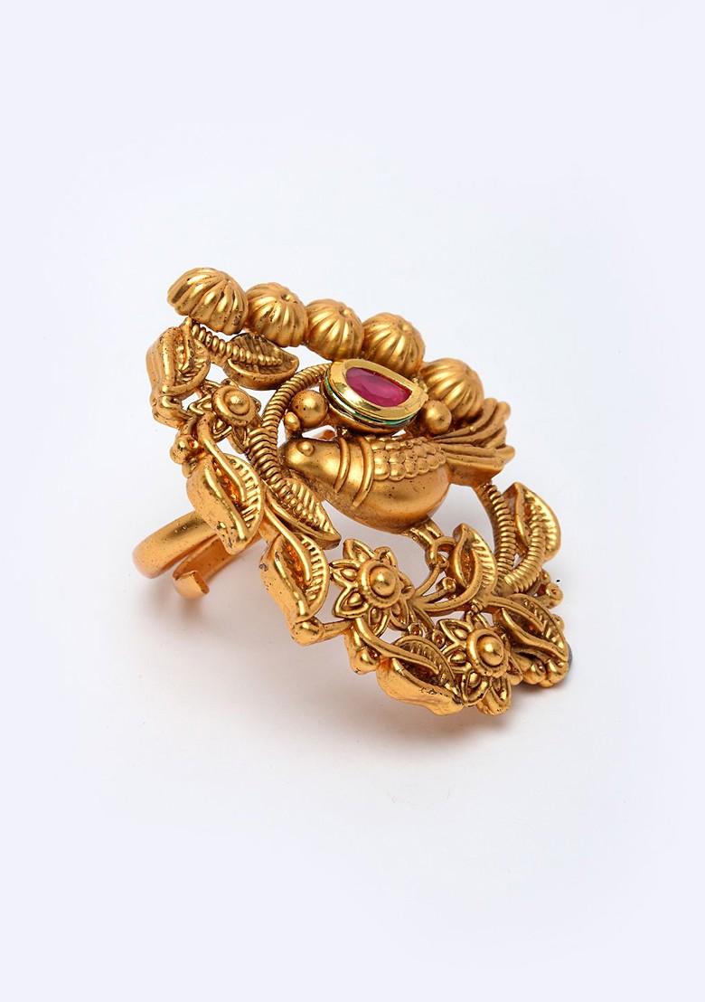 Gold Plated Pink Stone Studded Finger Ring - Indya