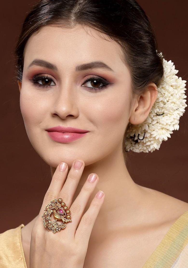 Gold Plated Pink Stone Studded Finger Ring - Indya