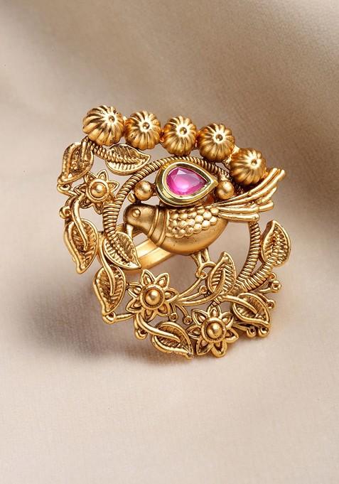 Gold Plated Pink Stone Studded Finger Ring