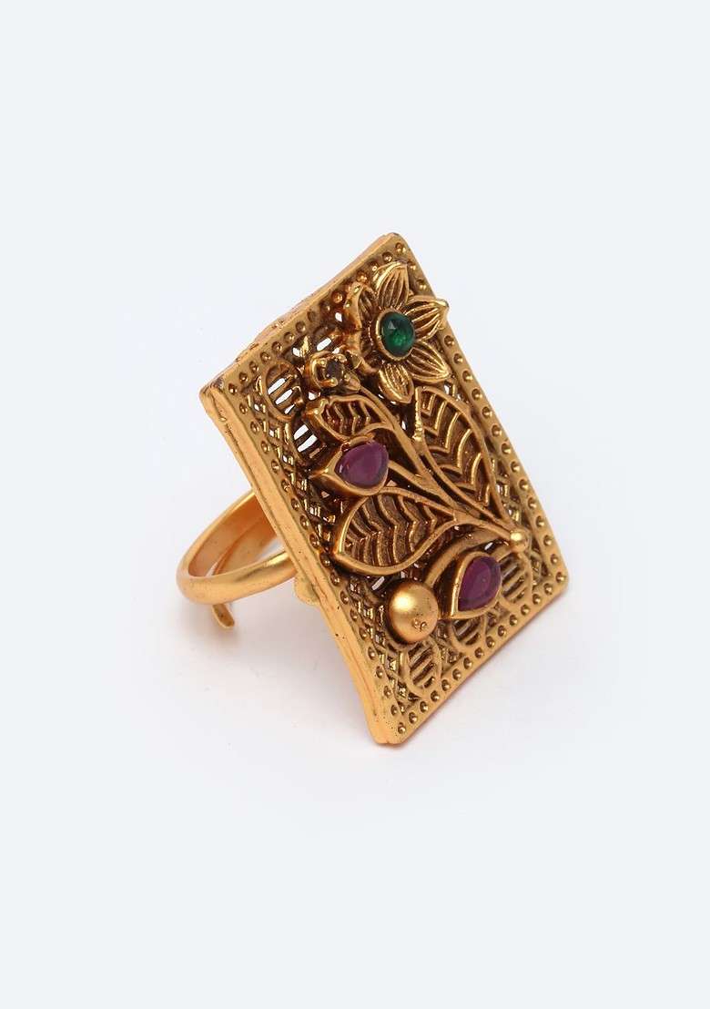 Gold Plated Red And Green Stone Studded Finger Ring - Indya