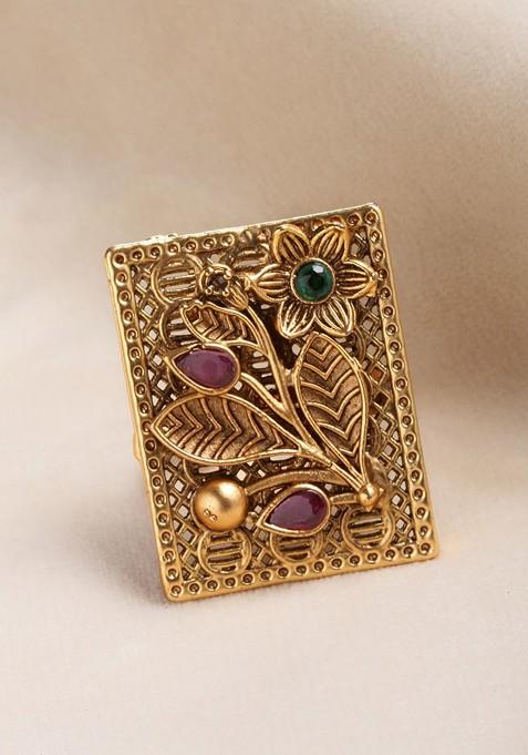 Gold Plated Red And Green Stone Studded Finger Ring