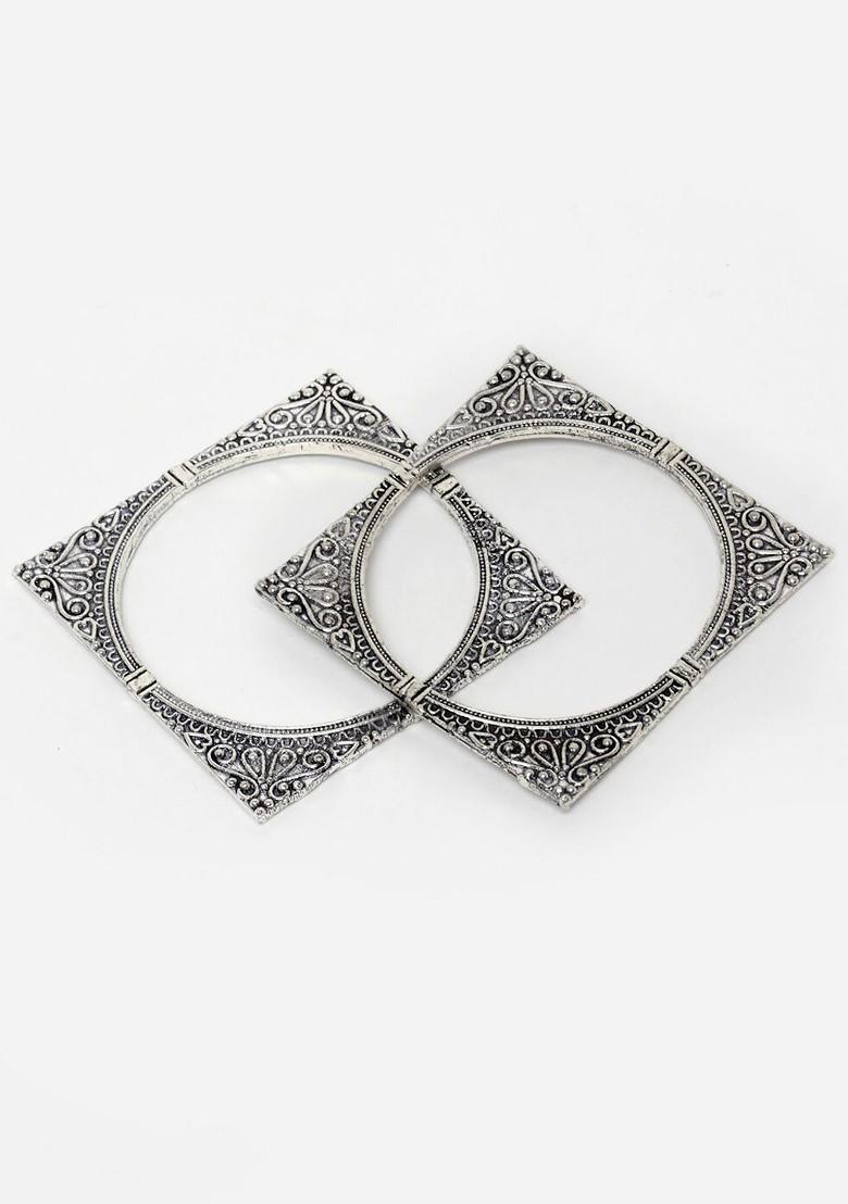  Set Of 2 Oxidized Silver Toned Square Shaped Bangles
