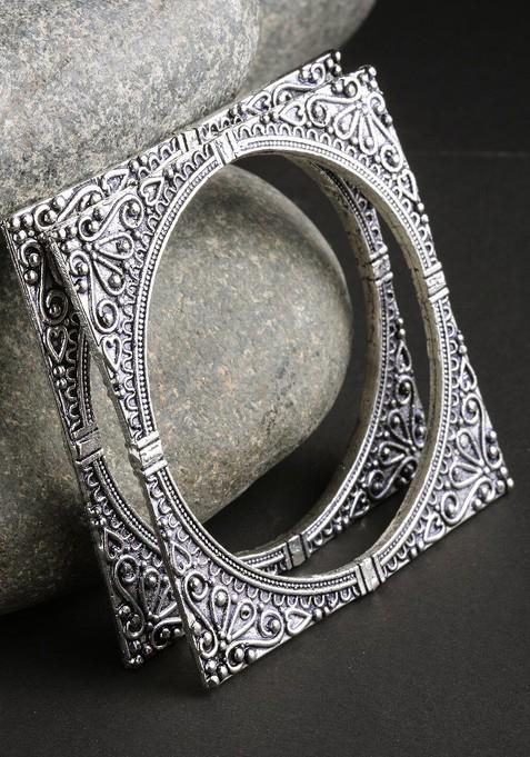  Set Of 2 Oxidized Silver Toned Square Shaped Bangles