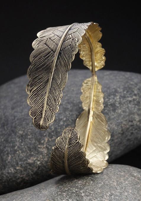 Women Gold Plated And Black Leaf Shaped Cuff Bracelet