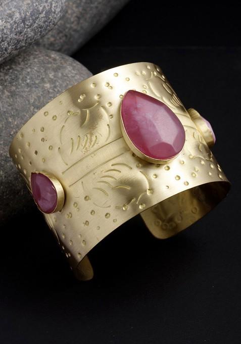 Women Gold Toned And Violet Brass Gold Plated Cuff Bracelet