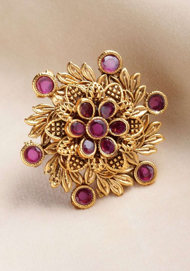 Gold Plated And Toned Pink Artificial Stones Studded Ring - Indya